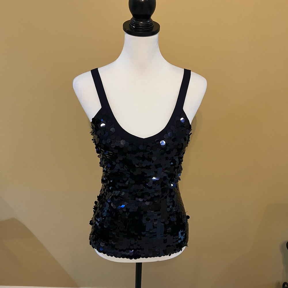 Navy Sequin Sleeveless Fitted Tank Top